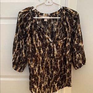 LOFT Brown and Black Puff Sleeve Blouse with Buttons